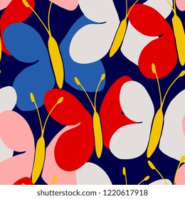 Seamless pattern with colorful butterflies on dark blue background.