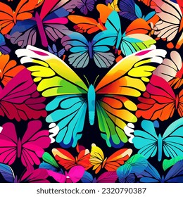 Seamless pattern with colorful butterflies on black background. Vector illustration.