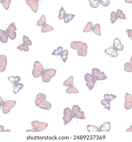 Seamless pattern, colorful butterflies on a white background. 