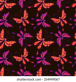 Seamless pattern with colorful butterflies on black background.