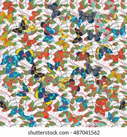 Seamless pattern with colorful butterflies on white background.