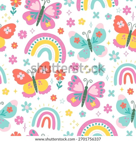 Seamless pattern with colorful butterflies, rainbows, and flowers on a white background. Vector graphics.