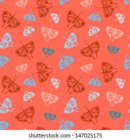 Seamless pattern with colorful butterflies of random size on red. Texture for web, print, wallpaper, decal, fall summer fashion fabric, textile design, background for children room decor, holiday wrap