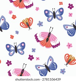 Seamless pattern with colorful butterflies and small flowers on white background, cute floral butterfly texture for kids fabric, wallpaper and wrapping paper