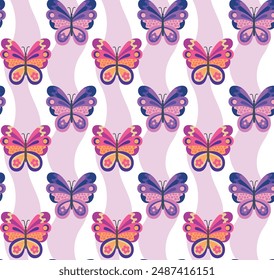 Seamless pattern with colorful butterflies and wavy stripes. Vector cartoon background in flat style.
