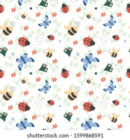 Seamless pattern with colorful butterflies,ladybug, bee and beetle. Creative for fabric, wrapping, textile, wallpaper, apparel. Vector illustration