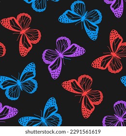 Patrón sin foco con mariposa colorida y fondo negro