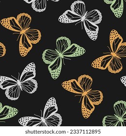 Seamless pattern with colorful butterfly and black background