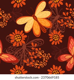 Seamless pattern Colorful butterfly insect cartoon style animal design vector illustration on dark background