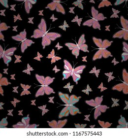 Seamless pattern of colorful butterfly on a black, purple and gray background. Picture on black, purple and gray colors. Scribble, sketch, doodle.