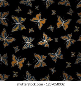 Seamless pattern of colorful butterfly on a black, blue and brown background. Scribble, sketch, doodle. Picture on black, blue and brown colors. Vector.