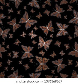 Seamless pattern of colorful butterfly on a black, white and brown background. Scribble, sketch, doodle. Picture on black, white and brown colors. Vector.