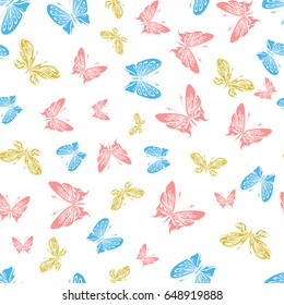 Seamless pattern of colorful butterfly on a white background.