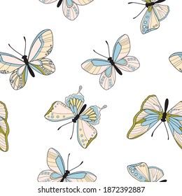 Patrón sin foco de mariposa colorida. Patrón de mariposas vectoras. Resumen de fondo transparente.