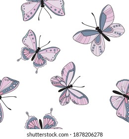 Patrón sin foco de mariposa colorida. Patrón de mariposas vectoras. Resumen de fondo transparente.