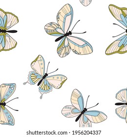 Patrón sin foco de mariposa colorida. Patrón de mariposas vectoras. Resumen de fondo transparente.