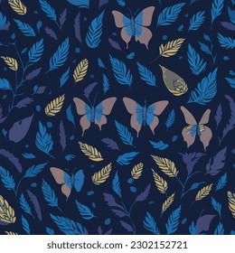 seamless pattern with colorful butterfly wings and leafs