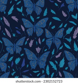 seamless pattern with colorful butterfly wings and leafs