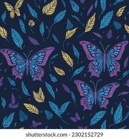 seamless pattern with colorful butterfly wings and leafs