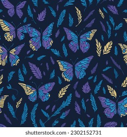 seamless pattern with colorful butterfly wings and leafs