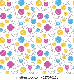 Seamless pattern with colorful buttons, needles and threads.