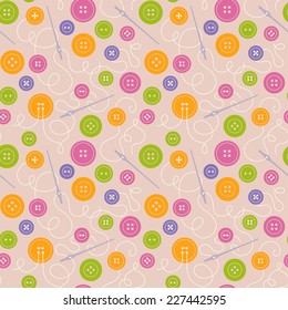 Seamless pattern with colorful buttons, needles and threads.