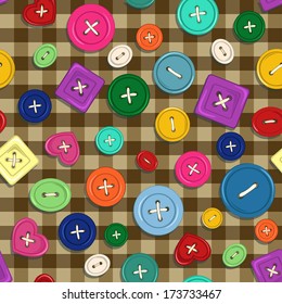 Seamless pattern of colorful buttons on a Scottish crested background