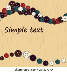 Seamless pattern. Colorful buttons scattered on the wooden table. Vector graphics