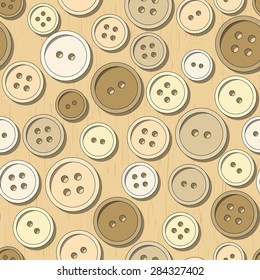 Seamless pattern. Colorful buttons scattered on the wooden table. Vector graphics