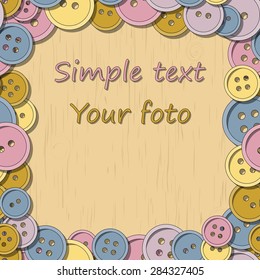 Seamless pattern. Colorful buttons scattered on the wooden table. Vector graphics
