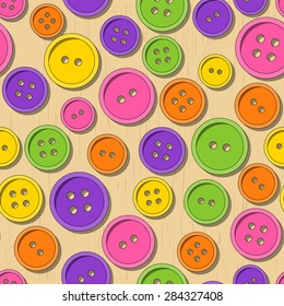 Seamless pattern. Colorful buttons scattered on the wooden table. Vector graphics