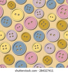 Seamless pattern. Colorful buttons scattered on the wooden table. Vector graphics