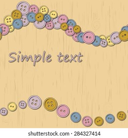 Seamless pattern. Colorful buttons scattered on the wooden table. Vector graphics