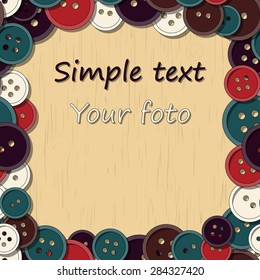 Seamless pattern. Colorful buttons scattered on the wooden table. Vector graphics