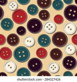 Seamless pattern. Colorful buttons scattered on the wooden table. Vector graphics