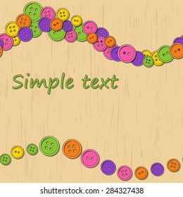 Seamless pattern. Colorful buttons scattered on the wooden table. Vector graphics