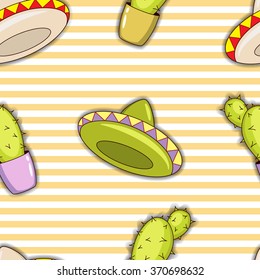 Seamless pattern of colorful cacti and sombreros. Vector illustration.
