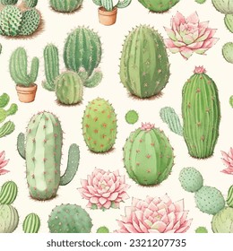 Seamless pattern of colorful cacti and succulents in vector artwork. Prickly kaleidoscope