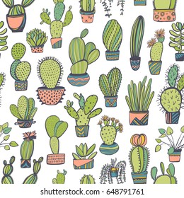 Seamless pattern with colorful cactus. Ink illustration. Hand drawn ornament for wrapping paper.
