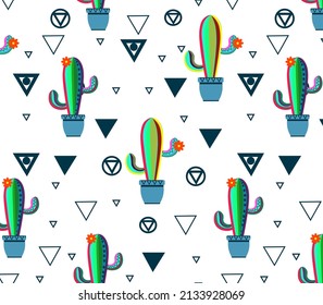 Seamless pattern with colorful cactus for using to design wrapping paper, banners, posters. Trendy texture for textile, or wallpaper. Floral design with geometric ornaments.