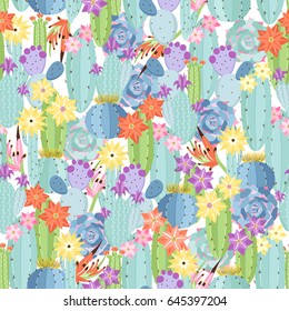 Seamless pattern with colorful cactuses and succulents.Floral background with tropical and desert plants in vector.