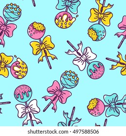 Seamless Pattern of Colorful Cake Pops on Blue Background.