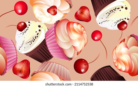 seamless pattern with colorful cakes and cherries