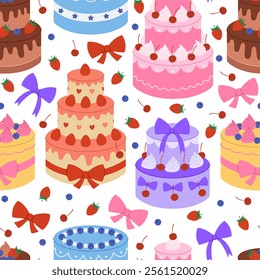 Seamless pattern with colorful cakes with cream, berries and bows on white background. Dessert for birthday, anniversary. Holiday baking. Vector flat illustration for wallpaper, textile, packaging