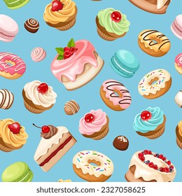 Seamless pattern with colorful cakes, cupcakes, macarons, donuts, candies, and other sweets on a blue background. Vector illustration