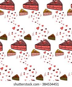 Seamless pattern of colorful cakes with hearts and lemon. Menu, post or greeting card, invitation, texture or background.