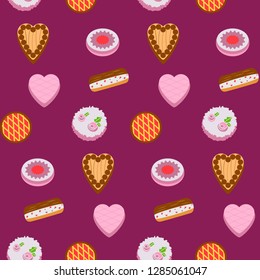  Seamless pattern colorful cakes. Vector illustration of baking on violet.