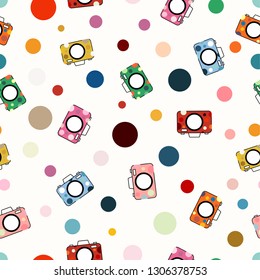 Seamless pattern of colorful camera on white background for background, card, paper print, and fabric business. Vector design.