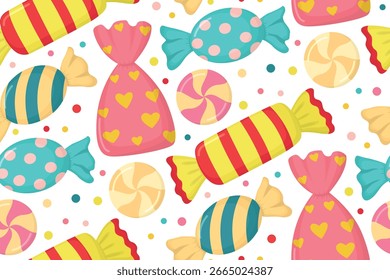 Seamless pattern of colorful candies. Brighte background with cute sweets