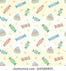 Padrão contínuo com doces coloridos e estrelas douradas em um fundo claro